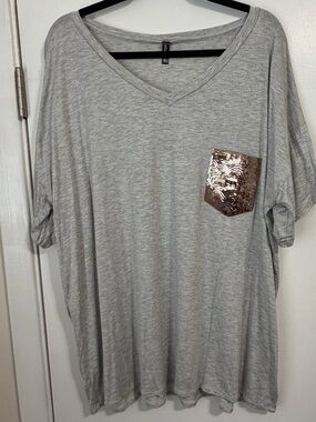 Light Gray V-Neck Tee with Rose Gold Sequin Pocket